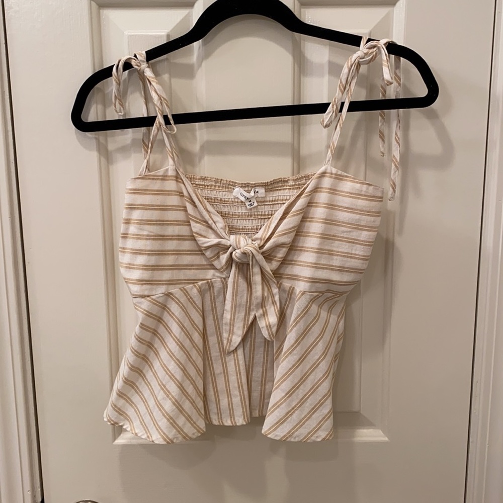 Cotton Candy LA Yellow and Beige Striped tank top Blouse with Tie Front. Size M